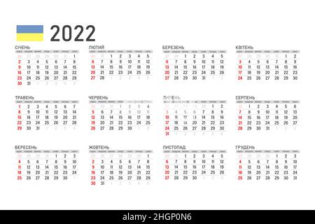 Kalender 2022 in ukrainischer Sprache, die Woche beginnt am Montag. Vector Kalender 2022 Jahr Stock Vektor