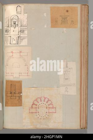 Seite aus einem Scrapbook mit Zeichnungen und mehreren Grafiken von Architektur, Innenräumen, Möbeln und anderen Objekten ca. 1800–1850 Workshop von Charles Percier. Seite aus einem Scrapbook mit Zeichnungen und mehreren Grafiken von Architektur, Innenräumen, Möbeln und anderen Objekten 706439 Stockfoto