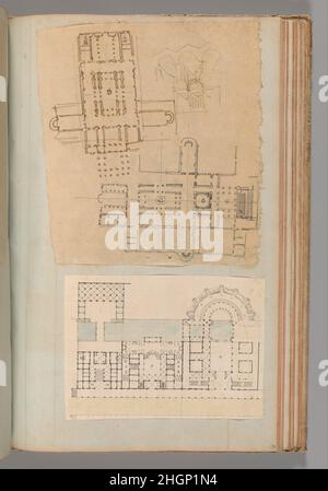 Seite aus einem Scrapbook mit Zeichnungen und mehreren Grafiken von Architektur, Innenräumen, Möbeln und anderen Objekten ca. 1800–50 Workshop von Charles Percier. Seite aus einem Scrapbook mit Zeichnungen und mehreren Grafiken von Architektur, Innenräumen, Möbeln und anderen Objekten 706428 Stockfoto