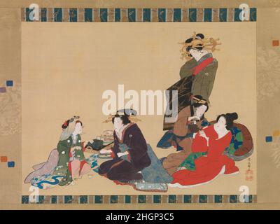 Fünf Schönheiten 1840 Teisai Hokuba die beiden Frauen auf der linken Seite spielen ein Handgestenspiel namens Kitsune-ken (Fuchsfäuste), bei dem Gesten, die einen übernatürlichen Fuchs (Kitsune) darstellen, die eines Dorfvorstehers (shōya) besiegen, der einen Jäger (ryōshi) besiegt, der wiederum den Fuchs besiegt. Ein Kurtisanwärter serviert Tee, während ein hochrangiger Kurtisane einen großen Auftritt hat. Ein Fest mit Sashimi und anderen Köstlichkeiten liegt in der Nähe. Teisai Hokuba, einer der frühesten und talentiertesten Schüler von Katsushika Hokusai (1760–1849), konzentrierte sich auf Surimono (privat in Auftrag gegebene Holzschnitte), Buch illustrr Stockfoto