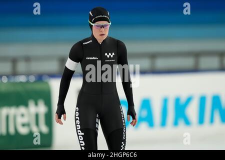 HEERENVEEN, NIEDERLANDE - 22. JANUAR: Dione Voskamp der Niederlande tritt beim NK Allround & Sprint 2022 am 22. Januar 2022 in Heerenveen, Niederlande, bei den Women's 500m an (Foto: Douwe Bijlsma/Orange Picles) Stockfoto