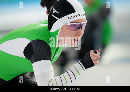 HEERENVEEN, NIEDERLANDE - 22. JANUAR: Michelle de Jong aus den Niederlanden, die beim NK Allround & Sprint 2022 am 22. Januar 2022 in Heerenveen, Niederlande, bei den Women's 500m teilnimmt (Foto: Douwe Bijlsma/Orange Picles) Stockfoto