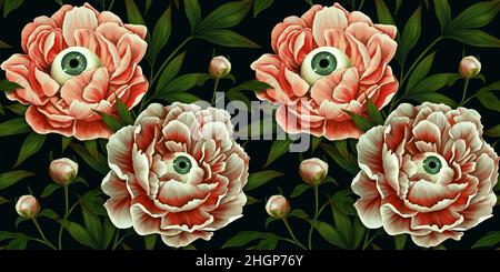 Mystisches Nahtmuster. Geheimnisvolle Tapeten, fantastische Blumen. Dunkler Blumenhintergrund. Pfingstrosen, Augen, Schrecken. Vintage handgezeichnete Blumen, Knospen, Stockfoto