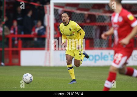 Crawley, UK. 22nd Jan, 2022. Josh Dacres-Cogley of Tranmere Rovers runs with the ball during the Sky Bet League Two match between Crawley Town and Tranmere Rovers at Checkatrade.com Stadium on January 22nd 2022 in Crawley, England. (Photo by Richard Ault/phcimages.com) Credit: PHC Images/Alamy Live News Stock Photo