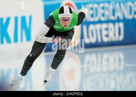 HEERENVEEN, NIEDERLANDE - 22. JANUAR: Michelle de Jong aus den Niederlanden, die beim NK Allround & Sprint 2022 am 22. Januar 2022 in Heerenveen, Niederlande, bei den Women's 500m teilnimmt (Foto: Douwe Bijlsma/Orange Picles) Stockfoto