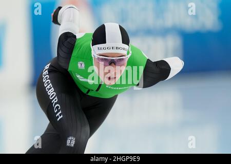 HEERENVEEN, NIEDERLANDE - 22. JANUAR: Michelle de Jong aus den Niederlanden, die beim NK Allround & Sprint 2022 am 22. Januar 2022 in Heerenveen, Niederlande, bei den Women's 500m teilnimmt (Foto: Douwe Bijlsma/Orange Picles) Stockfoto