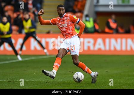 Blackpool, UK. 22nd Jan, 2022. Marvin Ekpiteta #21 of Blackpool passes the ball in ,  on 1/22/2022. (Photo by Craig Thomas/News Images/Sipa USA) Credit: Sipa USA/Alamy Live News Stock Photo