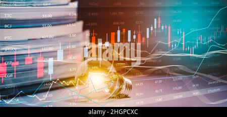 Glühbirne und geöffnet Vintage Buch Stil vintage dunklen Hintergrund Konzept und Aktienmarkt oder Forex Trading Graph und Candlestick Chart geeignet für Fi Stockfoto