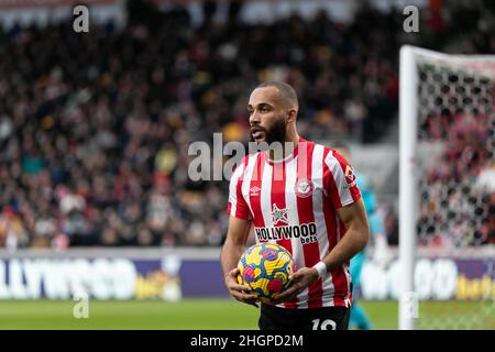 London, Großbritannien. JAN 22nd Bryan Mbeumo von Brentford während des Premier League-Spiels zwischen Brentford und Wolverhampton Wanderers am Samstag, 22nd. Januar 2022, im Brentford Community Stadium, Brentford. (Kredit: Juan Gasparini | MI Nachrichten) Kredit: MI Nachrichten & Sport /Alamy Live Nachrichten Stockfoto