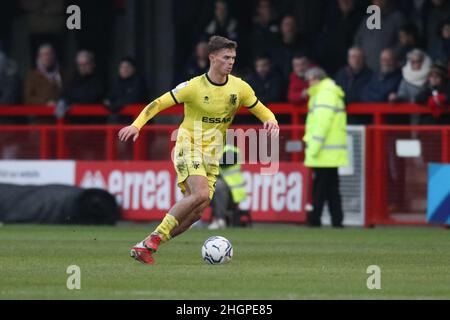 Crawley, Großbritannien. 22nd Januar 2022. Josh McPake von Tranmere Rovers dribbelt mit dem Ball während der Sky Bet League zwei Spiel zwischen Crawley Town und Tranmere Rovers im Checkatrade.com Stadium am 22nd 2022. Januar in Crawley, England. (Foto von Richard Ault/phcimages.com) Quelle: PHC Images/Alamy Live News Stockfoto