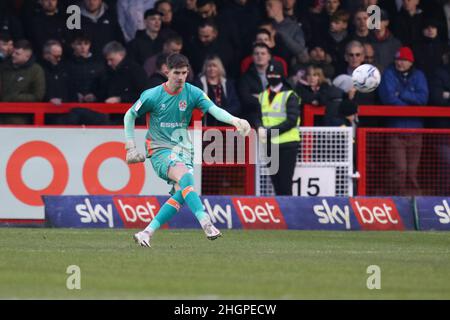 Crawley, Großbritannien. 22nd Januar 2022. Ross Doohan von Tranmere Rovers während der Sky Bet League zwei Spiel zwischen Crawley Town und Tranmere Rovers im Checkatrade.com Stadium am 22nd 2022. Januar in Crawley, England. (Foto von Richard Ault/phcimages.com) Quelle: PHC Images/Alamy Live News Stockfoto