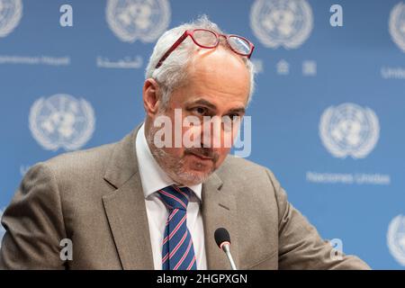 21. Januar 2022, New York, New York, USA: Sprecher von SG Stephane Dujarric führt Pressekonferenz von Antonio Guterres zu seinen Prioritäten für 2022 im UN-Hauptquartier durch (Foto: © Lev Radin/Pacific Press via ZUMA Press Wire) Stockfoto