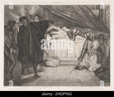 'O Spartaner Hund': Platte 15 aus Othello (Akt 5, Szene 2) 1844 Théodore Chassériau Französisch 1844 beauftragte Eugène Piot den jungen Chassériau, fünfzehn Illustrationen zu Shakespeares Othello zu erstellen. Inspiriert von einer Reihe bahnbrechender Hamlet-Lithographien, die Delacroix ein Jahr zuvor geschaffen hatte, entschied sich der jüngere Künstler für die eher lineare Technik der Radierung. Seine expressive Vorstellung von Form hatte gelernt, in Ingres's Studio dann entwickelt unter Delacroix. In der Serie bieten Key Exchanges eine komprimierte Zusammenfassung eines großen Anganze des Stücks, wobei ein letzter Cluster dem tragischen Schluss gewidmet ist Stockfoto