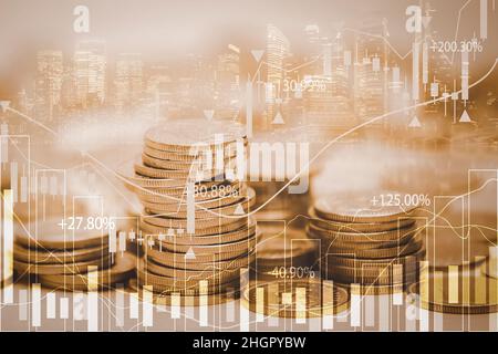 Sparkasse für Business Finance Konzept, Münzen und Reihen Wachstum, Aktienmarkt oder Forex Trading Graph und Candlestick Chart geeignet für Finanzeinschläge Stockfoto