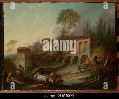 Imaginäre Landschaft mit dem Palatin vom Campo Vaccino 1734 François Boucher Französisch Dieses frühe Werk, das kurz nach Bouchers Rückkehr nach Paris nach mehreren Jahren in Italien gemalt wurde, setzt die Tradition des capriccio fort, Eine phantasievolle Darstellung, die von Künstlern wie Benedetto Castiglione entwickelt und oft von der rustikalen Landschaft rund um Rom inspiriert wurde. Diese Ansicht stammt vom Campo Vaccino, benannt nach den Kühen, die dort grasten; auf dem Palatin hat Boucher den Palast von Caligula und Tiberius und die verfallenen Gärten der Familie Farnese aus dem 16. Jahrhundert dargestellt. Er kopierte die Abb. Stockfoto