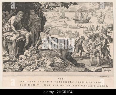 The Imperial Trupps Bringing Civilization to the Indians, from the Victories of Emperor Charles, teller 6 1555 Dirck Volckertsz Coornhert Niederlandisch dieser Stich, der die Eroberung der Neuen Welt darstellt, ist eines der frühesten gedruckten Bilder Amerikas. Es gehört zu einer Serie von zwölf Drucken, die die militärischen Siege des Habsburger Imperators Karl V. weltweit feiern und ist Karls Sohn und dem zukünftigen König von Spanien und Portugal, Philipp II., gewidmet Das Bild zeigt kannibalistische Aktivitäten im linken Vordergrund und eine Kampfszene mit europäischen Schiffen an einem Hafen im Hintergrund Stockfoto