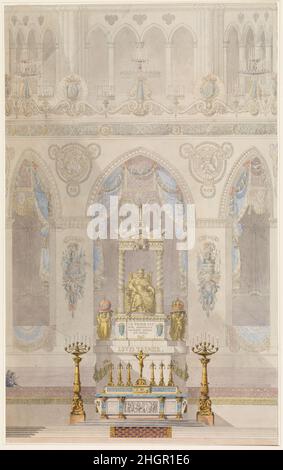 Innenansicht der Kathedrale von Reims mit einer Statue von König Ludwig I. und einem Altar vorne platziert 1815 Charles Percier Französisch Diese Folie zeigt eine Erhöhung eines Teils des Innenraums der Kathedrale von Reims mit einer Statue von König Ludwig I., vor der ein Altar aufgestellt ist. Dieser Entwurf stellt eine von sechs Zeichnungen dar, die die einzige Dokumentation der Pläne zur Krönung von König Ludwig XVIII bilden, die nie stattgefunden hat. Das Ereignis wurde wahrscheinlich verzögert und schließlich aufgrund des prekären Zustands der französischen Monarchie und der sinkenden Gesundheit des Königs entlassen. Darüber hinaus die Idee eines königlichen Cor Stockfoto