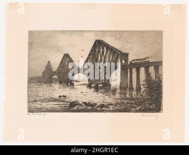 Die Forth Bridge ca. 1890 A. Duprez Die Forth Bridge, Ein Symbol Schottlands, fährt Züge über einen firth (Meeresarm), acht Meilen von Edinburgh entfernt. Das von den britischen Ingenieuren Sir John Fowler und Sir Benjamin Barker entworfene Hotel wurde am 4. März 1890 vom Prince of Wales eröffnet und ist 8.296 Meter lang. Die längste einzelne Freischwinger der Welt, als sie gebaut wurde, wird heute nur noch von der Quebec Bridge in Kanada übertroffen, die 1917 fertiggestellt wurde. Duprez, der während des Etching Revival gearbeitet hat, schafft ein launisches Bild der großen Metallkonstruktion mit einer kleinen Dampfmaschine oben rechts und Fischern auf dem Wasser Stockfoto