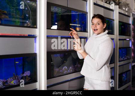 Mädchen im Aquarium Shop zeigt auf farbige Fische Stockfoto