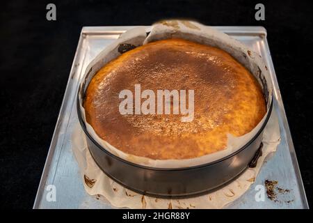 Kochvorgang hausgemachter baskischer gebrannter Käsekuchen. Fertig gerösteter san sebastian Kuchen ist im Ofen. Tarta de Queso. Rezept Schritt für Schritt. Stockfoto