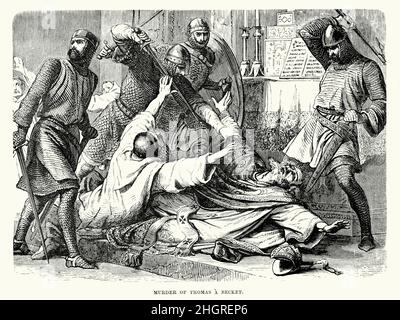 Der Mord an Thomas Becket (auch bekannt als St. Thomas von Canterbury, Thomas von London und später Thomas Ã Becket) war von 1162 bis zu seinem Mord im Jahr 1170 Erzbischof von Canterbury. Er widersprach Heinrich II. Von England über die Rechte und Privilegien der Kirche und wurde von Anhängern des Königs in der Kathedrale von Canterbury ermordet. Stockfoto