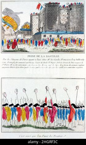 Eine französische Illustration des Sturms der Bastille am 14th. Juli 1789, die die Menge mit den enthaupteten Köpfen auf langen Polen zeigt Stockfoto