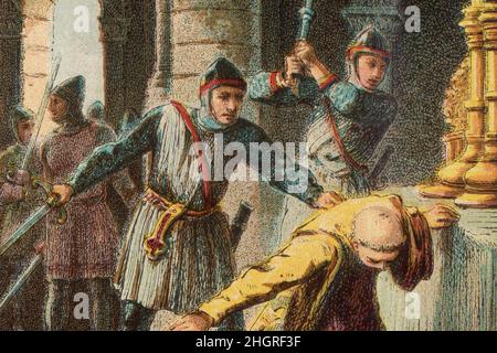 Der Mord an Thomas Becket (auch bekannt als St. Thomas von Canterbury, Thomas von London und später Thomas Ã Becket) war von 1162 bis zu seinem Mord im Jahr 1170 Erzbischof von Canterbury. Er widersprach Heinrich II. Von England über die Rechte und Privilegien der Kirche und wurde von Anhängern des Königs in der Kathedrale von Canterbury ermordet. Stockfoto