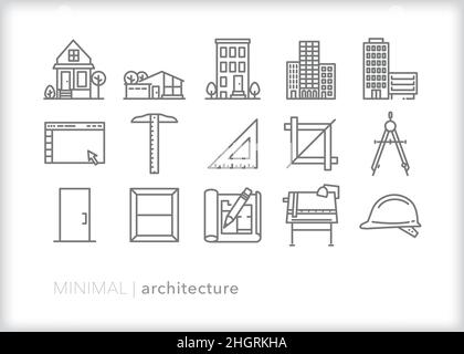 Satz von Architekturikonen von Werkzeugen, die ein Architekt verwendet, um Häuser und andere Gebäude zu planen, zu erstellen und zu bauen Stock Vektor