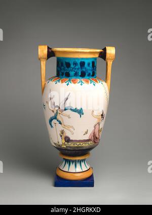 Vase mit mythologischen Szenen 1867 Joseph-Théodore Deck Französische Künstler-Töpfer im Zusammenhang mit dem Jugendstil verurteilten den historischen Wiederbelebungsstil. Keramiker waren jedoch nicht dagegen, neoklassische Formen und Themen zu verwenden, solange sie modernisiert wurden. Hier aktualisiert Deck die Form eines griechischen Kolonenkraters mit einer hellen Farbpalette, die im Stil des 19. Jahrhunderts gehalten ist. Vase mit mythologischen Szenen. Französisch, Paris. 1867. Weiße Steingut. Keramik-Keramik Stockfoto