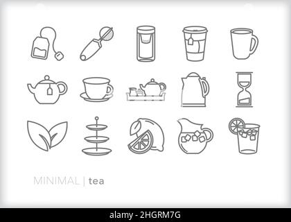Set mit Teesymbolen zum Brühen eines Teebeckens oder losen Tees für ein heißes Getränk oder zum Servieren von Eistee Stock Vektor