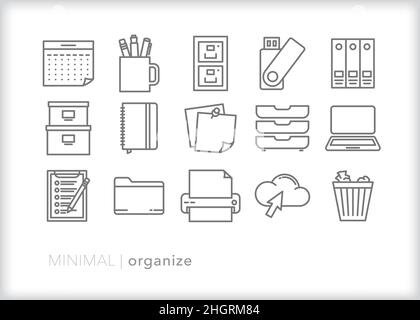 Satz von Organisations-Symbolen zum Speichern, Sortieren, Speichern und Organisieren von Daten, Dokumenten und Papierarbeiten Stock Vektor