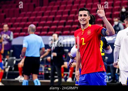 GRONINGEN, NIEDERLANDE - 22. JANUAR: Ortiz aus Spanien feiert nach dem fünften Treffer seines Teams beim Futsal-EM 2022-Spiel der Gruppe D zwischen Spanien und Bosnien und Herzegowina am 22. Januar 2022 auf der Martiniplaza in Groningen, Niederlande (Foto: Andre Weening/Orange Picles) Stockfoto