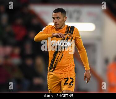 Bournemouth, Großbritannien. 22nd Januar 2022. Tyler Smith #22 von Hull City in Aktion während des Spiels in Bournemouth, Großbritannien am 1/22/2022. (Foto von Simon Whitehead/News Images/Sipa USA) Quelle: SIPA USA/Alamy Live News Stockfoto