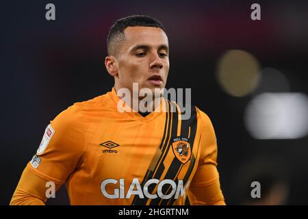 Bournemouth, Großbritannien. 22nd Januar 2022. Tyler Smith #22 von Hull City in Aktion während des Spiels in Bournemouth, Großbritannien am 1/22/2022. (Foto von Simon Whitehead/News Images/Sipa USA) Quelle: SIPA USA/Alamy Live News Stockfoto