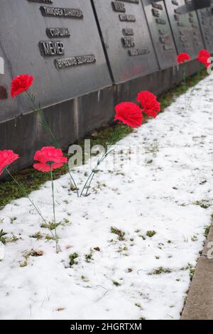 Brest, Weißrussland - 12. Januar 2022: Rote Nelken an der Gedenkstätte. Erinnerung an gefallene Soldaten. Mai 9 Stockfoto