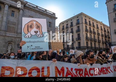 Barcelona, Spanien. 22nd Januar 2022. Während der Demonstration halten Demonstranten Plakate gegen Tierversuche.Hunderte von Menschen haben sich auf der Plaza de Sant Jaume versammelt, die von der Tierrechtspartei Pacma aufgerufen wurde, gegen die Experimente mit dreißig Beagle-Welpen zu protestieren, die von den Labors in Vicotecnia in einem pharmakologischen Forschungsprojekt durchgeführt wurden. (Foto von Paco Freire/SOPA Images/Sipa USA) Quelle: SIPA USA/Alamy Live News Stockfoto