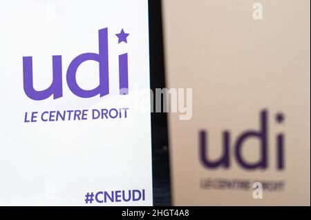 Das UDI-Logo ist während des udi-nationalrats in Vincennes am 22. Januar 2022 abgebildet. Foto von Julie Sebadelha/ABACAPRESS.COM Stockfoto