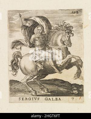 Sergius Galba aus zwölf Caesaren auf dem Pferderaffe ca. 1565–1587 Abraham de Bruyn. Sergius Galba aus zwölf Caesaren auf dem Pferderaß. Abraham de Bruyn (Flämisch, Antwerpen 1540–1587 Köln (?)). Ca. 1565–1587. Gravur. Ausdrucke Stockfoto
