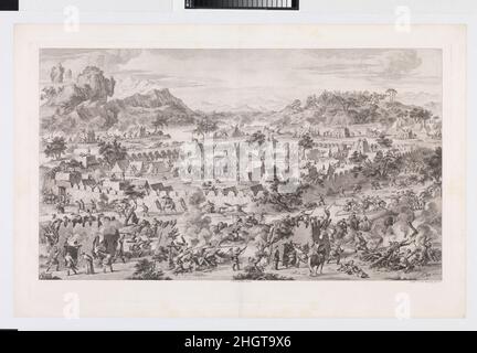 Die Schlacht von Tonguzluq 1773 Augustin de Saint-Aubin Dieses Bild zeigt die Schlacht von Tonguzluq aus dem Jahr 1758, bei der Qing-Soldaten Kanonen abfeuerten und den Feind mithilfe von Waffen und Pfeilen in einem befestigten Lager mit Zelten und Jurten Angriffen; Außerhalb des Lagers feuerten Qing-Soldaten feindliche Türme an und nahmen Gefangene.Teil eines sechzehn-Mann-Sets wurde die Schlacht von Tonguzluq 1765 vom Kaiser Qianlong in Auftrag gegeben, um an die Siege der Mandschu (1755-59) über die Eleuten, die Dzungaren, Und anderen zentralasiatischen Völkern in der heutigen Region Xinjiang. Hergestellt unter der Richtung von C Stockfoto