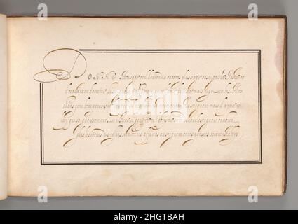 Kalligraphische Übung in Französisch (Kursive Schrift) Anfang des 17th. Jahrhunderts Anonyme kalligraphische Übung in Französisch, präsentiert in einem doppelten rechteckigen Rahmen, der in der linken oberen Ecke durch den Anfangsbuchstaben 'D' aufgebrochen ist. Der Text verläuft über sechs Zeilen und die Aufstiegs- und Unterläufe sind in Gold hervorgehoben. Teil eines Albums mit 26 Beispielen von Kalligraphie und Mikrographie, vermutlich in Frankreich oder möglicherweise Antwerpen zu Beginn des 17. Jahrhunderts produziert worden zu sein. Kalligraphische Übung auf Französisch (Kursive Schrift). Anonym Französisch oder Flämisch. Anfang 17th Jahrhundert. Stift und schwarze und braune Tinte. Stockfoto
