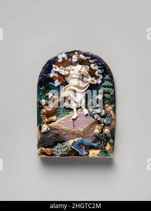 Die Auferstehung 1520–30 Deutsch, Augsburg oder Nürnberg Diese skulpturalen Reliefs (2015.388.1–.4) zeigen eine außergewöhnliche, juwelenartige Emaillierung, die durch eine innovative Technik mit geschmolzener Glaspaste, die über einem Armreif aus Golddrähten auf einem silbernen Sockel aufgebaut ist, erreicht wird. In ausdrucksstarken Details stellen sie vier Szenen des Leidens Christi in einem winzigen Maßstab dar – nur für diejenigen, die privilegiert genug sind, die Reliefs aus nächster Nähe zu betrachten. (Die Kompositionen verdanken mehr als ein wenig der kleinen Passion-Druckserie des berühmten Meisters der nördlichen Renaissance Albrecht Dürer.) So teuer wie sie waren, Stockfoto