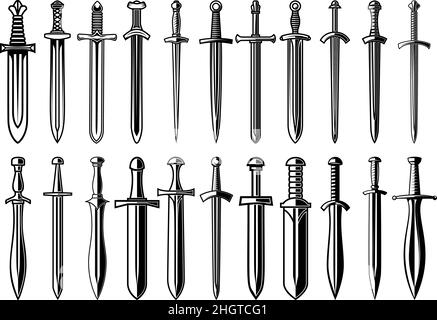 Satz von Illustrationen mittelalterlicher Schwerter. Gestaltungselement für Plakat, Karte, Banner, Emblem, Schild. Vektorgrafik Stock Vektor