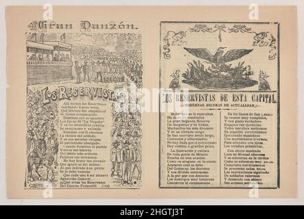 Broadsheet mit einem Lied über eine Militärreserve, Militärpersonal in Formation ca. 1890-1910 José Guadalupe Posada. Broadsheet mit dem Lied über die Militärreserve, das Militärpersonal in der Formation. José Guadalupe Posada (mexikanisch, 1851–1913). Ca. 1890-1910. Fotorelief und Buchdruck auf braunem Papier gedruckt. Antonio Vanegas Arroyo (1850–1917, Mexikanisch). Ausdrucke Stockfoto