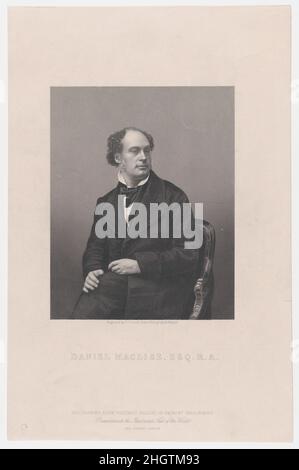 Daniel Maclise, Esq., R.A., aus 'Illustrated News of the World' 1859 der Stich von Daniel John Pound Pound basiert auf einer Fotografie des Londoner Mayall und porträtiert den Künstler Daniel Maclise. Maclise, geboren in Cork als Sohn schottischer Eltern, kam 1828 nach London, um die Royal Academy Schools zu besuchen, und wurde bekannt für Porträts von Prominenten, die zwischen 1830 und 1836 im „Fraser's Magazine“ veröffentlicht wurden. Ab 1858 arbeitete er an großen Wandgemälden in den neuen Houses of Parliament und dem Rathaus von Halifax, Kommissionen, die seine Gesundheit unterminierten und ihn dazu zwangen, die Präsidentschaft der Royal Academy abzulehnen. Th Stockfoto