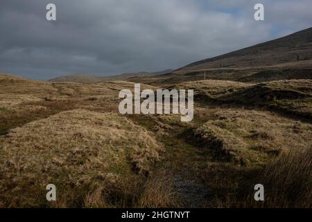 Spuren von Turfcutting in den riesigen Torfgebieten im Gebiet Shramore in der Nähe von Lough Feeagh und Newport, Grafschaft Mayo. Stockfoto