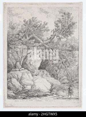 Landschaft mit gefallener Baumstruktur 1764 Hubert Robert Hubert Robert hat eine erfolgreiche Karriere mit Landschaften, Architektur und Antiquitäten geschmiedet. Er machte Radierungen nur während einer kurzen Zeit in seiner Jugend in Rom, ermutigt durch Freundschaften mit lokalen Sammlern, von denen einige selbst Amateurgrafiker waren. Dieses Bild ist inspiriert von einem Gemälde des italienischen Barockkünstlers Salvator Rosa, dann in der Sammlung von Roberts Patron, Jacques-Laure le Tonnelier, der Bailli de Breteuil (1722-1785), Botschafter des Malteserordens beim Heiligen Stuhl. Landschaft mit einem gefallenen Baum. Hubert Robert (Französisch, Paris Stockfoto