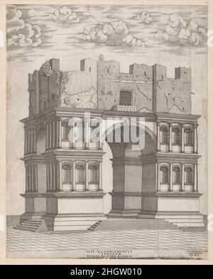Speculum Romanae Magnificentiae: Tempel des Janus 1550 Anonym dieser Druck stammt aus der Kopie des Museums des Speculum Romanae Magnificentiae (der Spiegel der römischen Pracht).der Speculum hat seinen Ursprung in den Verlagsbemühungen von Antonio Salamanca und Antonio Lafreri. Während ihrer Karriere im römischen Verlag initiierten die beiden ausländischen Verlage, die zwischen 1553 und 1563 zusammenarbeiteten, die Produktion von Drucken, die Kunstwerke, Architektur und Stadtansichten aus dem antiken und modernen Rom aufzeichnen. Die Drucke konnten einzeln von Touristen und Sammlern gekauft werden, wurden aber auch gekauft Stockfoto