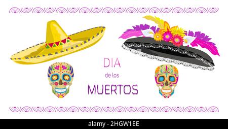 Zwei bemalte bunte Schädel (calaveras) für den Tag der Toten (Dia de los Muertos) in Mexiko, mit Hüten, Sombrero für den Menschen und Catrina-Hut mit Flow Stock Vektor