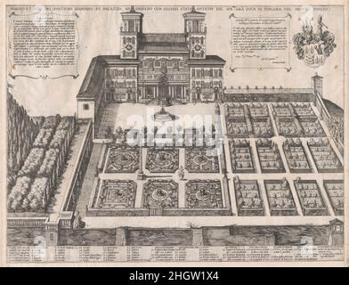 Speculum Romanae Magnificentiae: Palast und Gärten des Monte Pincio Mitte bis Ende des 16th. Jahrhunderts, Antonio Tempesta zugeschrieben Italienisch dieser Druck stammt aus der Kopie des Museums des Speculum Romanae Magnificentiae (Spiegel der römischen Pracht).der Speculum entstand in den Verlagsbemühungen von Antonio Salamanca und Antonio Lafreri. Während ihrer Karriere im römischen Verlag initiierten die beiden ausländischen Verlage, die zwischen 1553 und 1563 zusammenarbeiteten, die Produktion von Drucken, die Kunstwerke, Architektur und Stadtansichten aus dem antiken und modernen Rom aufzeichnen. Die Abzüge könnten nicht gut sein Stockfoto