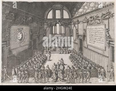 Speculum Romanae Magnificentiae: Vatikanischer Empfang des Herzogs von Toskana ca. 1570 Etienne DuPérac zugeschrieben Französisch dieser Druck stammt aus der Kopie des Museums des Speculum Romanae Magnificentiae (Spiegel der römischen Pracht).der Speculum entstand in den Verlagsbemühungen von Antonio Salamanca und Antonio Lafreri. Während ihrer Karriere im römischen Verlag initiierten die beiden ausländischen Verlage, die zwischen 1553 und 1563 zusammenarbeiteten, die Produktion von Drucken, die Kunstwerke, Architektur und Stadtansichten aus dem antiken und modernen Rom aufzeichnen. Die Drucke konnten individ gekauft werden Stockfoto